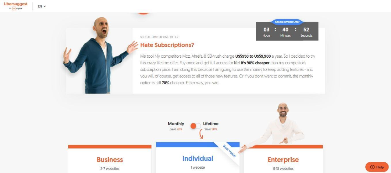 Ubersuggest Pricing Page