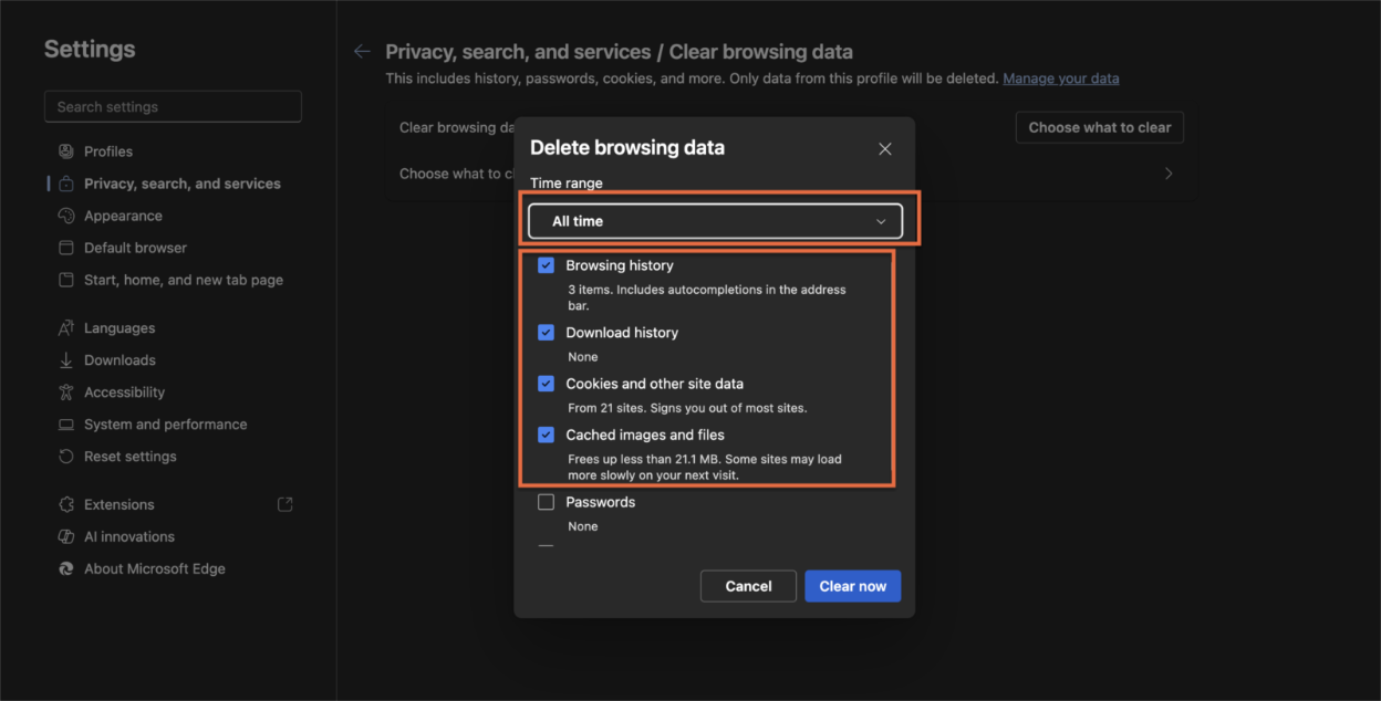 Microsoft Edge: Select data to delete