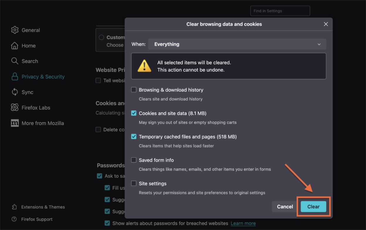 Mozilla Firefox:Confirm cache deletion