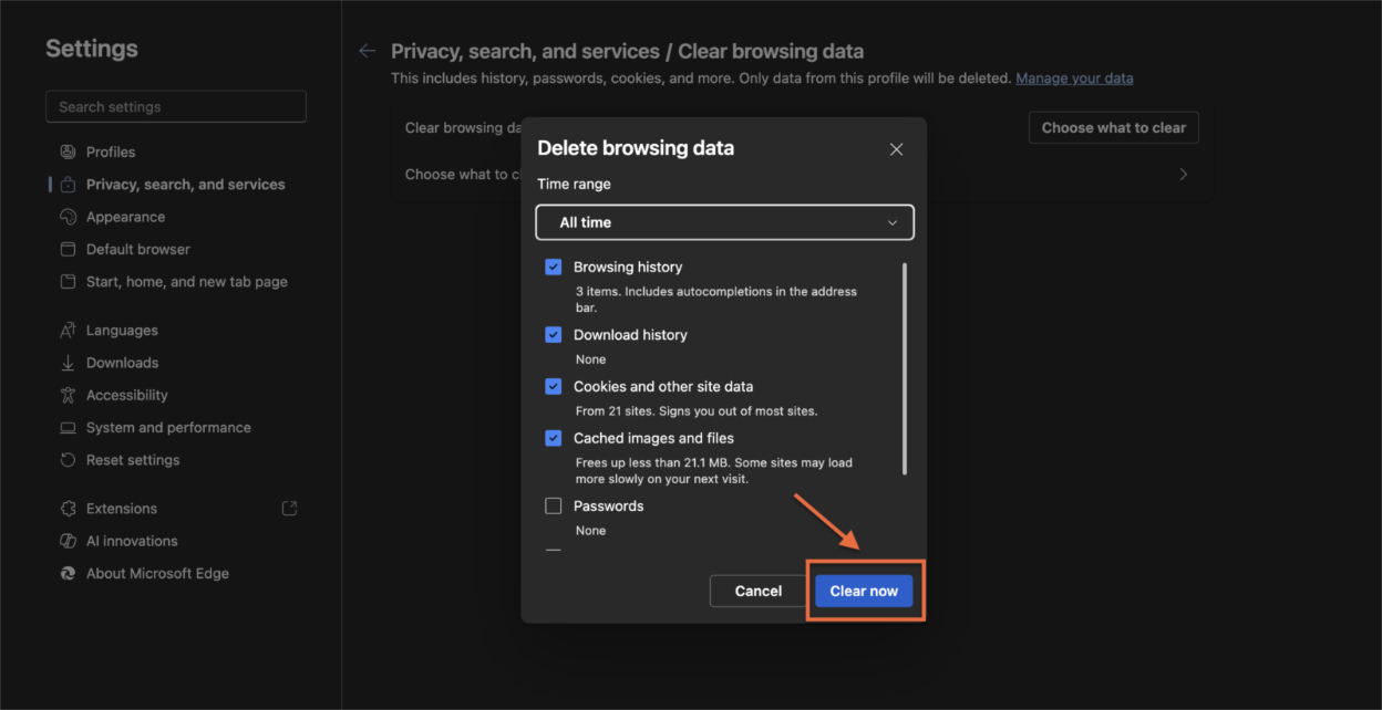 Microsoft Edge: Confirm data deletion