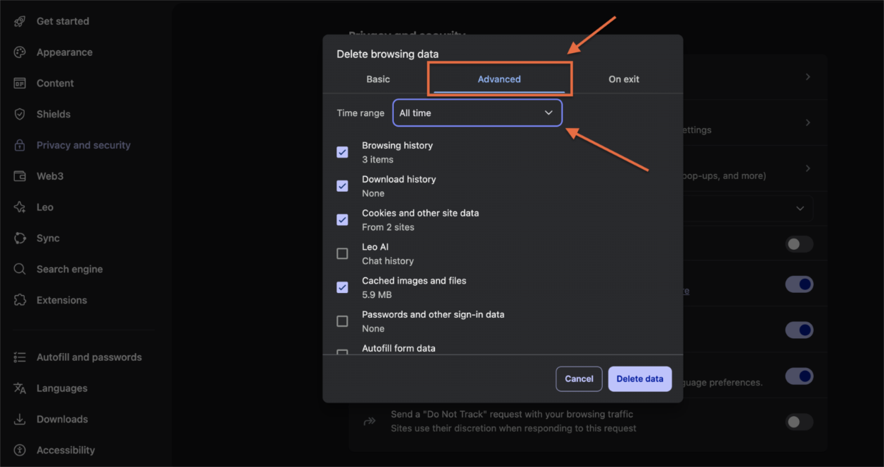 Brave: Settings Select data to delete
