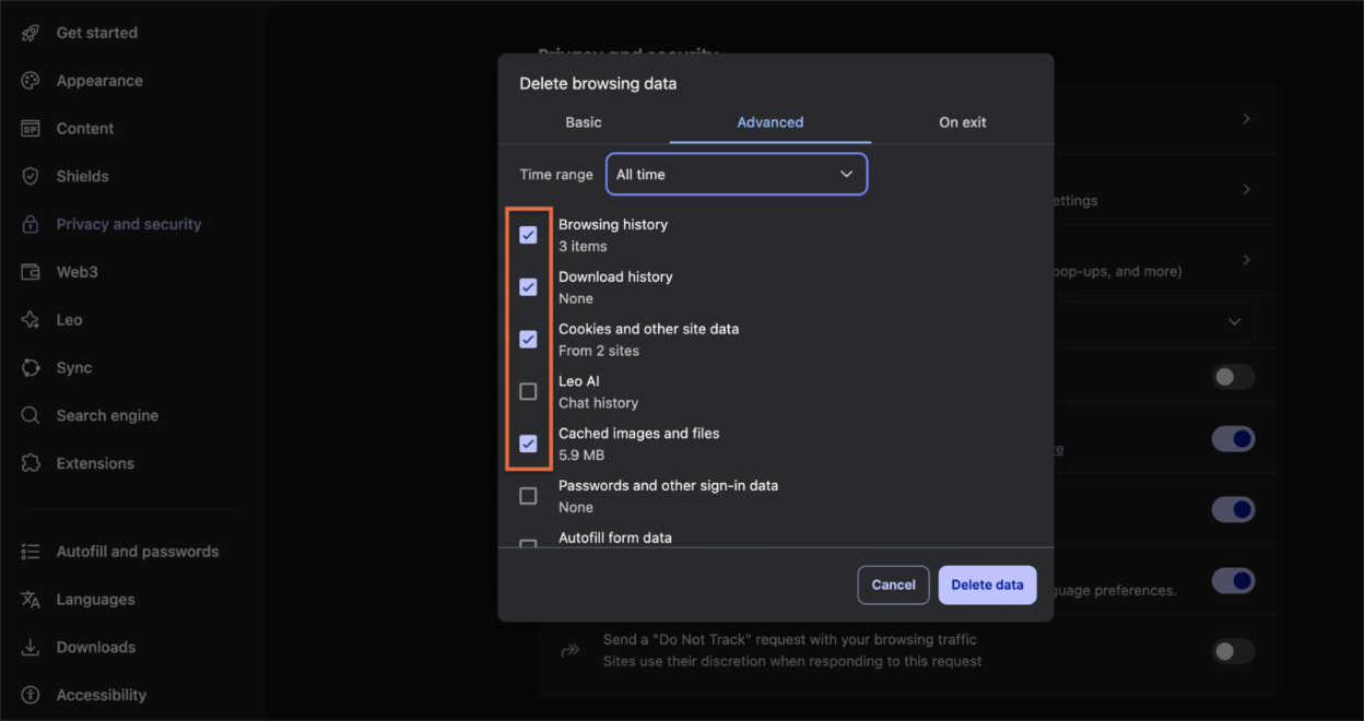 Brave: Settings Data deletion