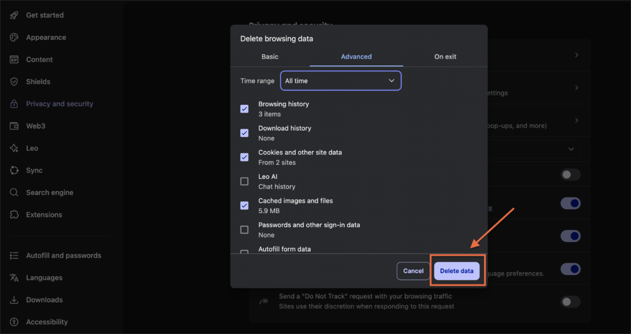 Brave: Settings Confirm cache deletion