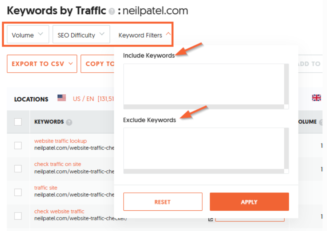 Keywords by Traffic - Keyword Filter