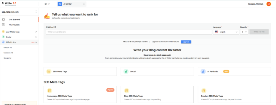 Ubersuggest's AI Writer