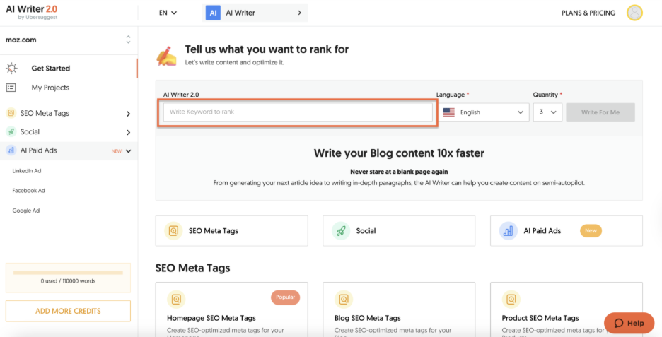 AI Writer: Generate content based on the keywords selected