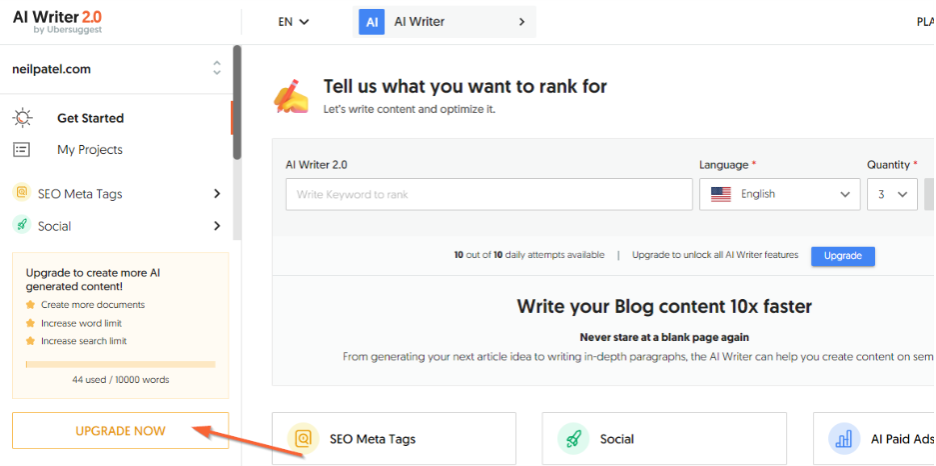 How to upgrade the AI Writer limits