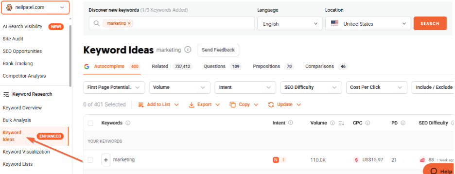 How to use the AI Writer with the keywords suggested by Ubersuggest