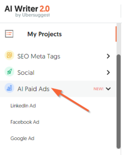 Generate AI paid adds with the AI Writer tool in Ubersuggest