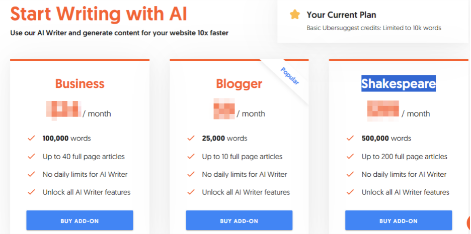 AI Writer plans prices