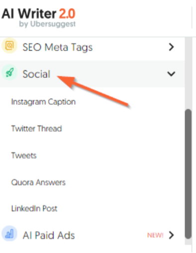 Generate social content with the AI Writer tool in Ubersuggest