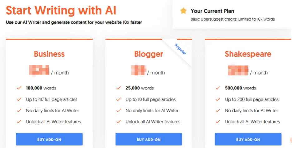 AI Writer Add-On Prices