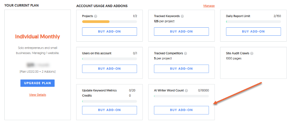 Buy add-ons from the account and billing section
