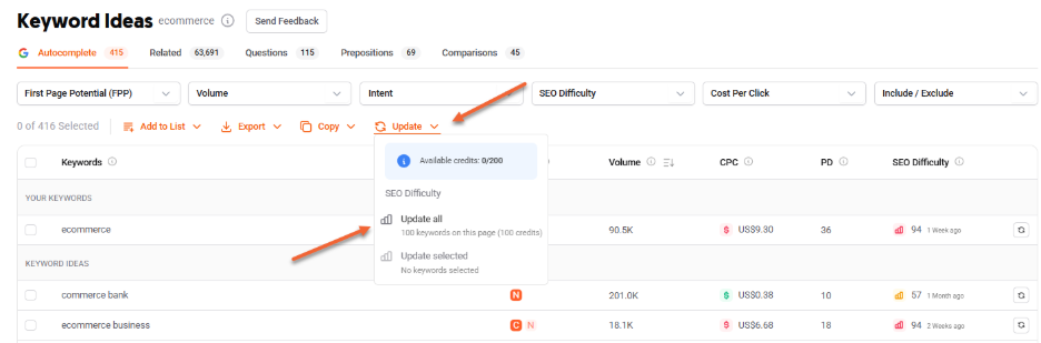 Update All functionality to update SEO Difficulty metric in bulk