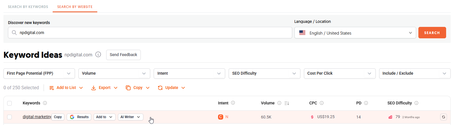 Ubersuggest Keyword Ideas report using Search by Website mode for npdigital.com, displaying keyword opportunities with volume, CPC, and SEO difficulty data.