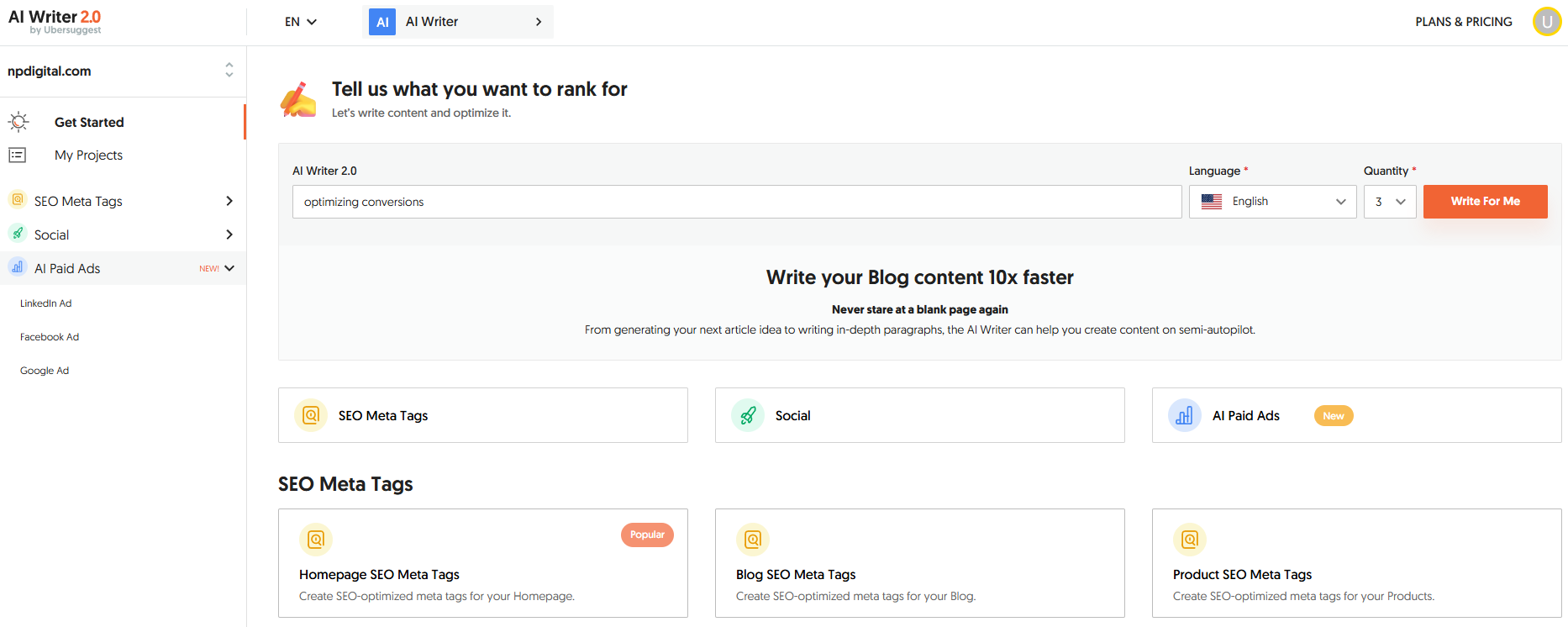 Ubersuggest AI Writer 2.0 dashboard where users can enter a keyword and generate optimized content for SEO, social media, or paid ads, featuring tools like SEO Meta Tags and AI Paid Ads.