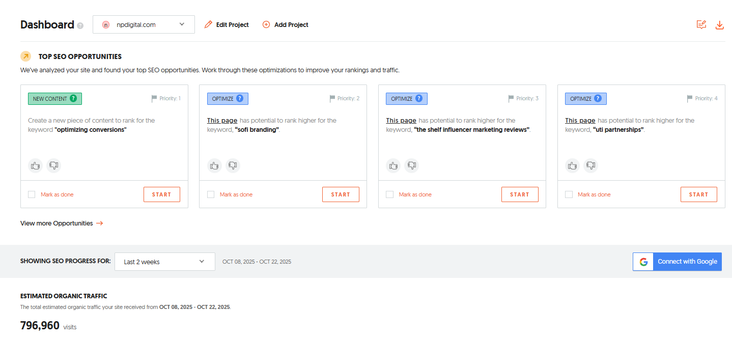 Ubersuggest dashboard showing Top SEO Opportunities section with suggested keywords and content recommendations to improve rankings for npdigital.com.
