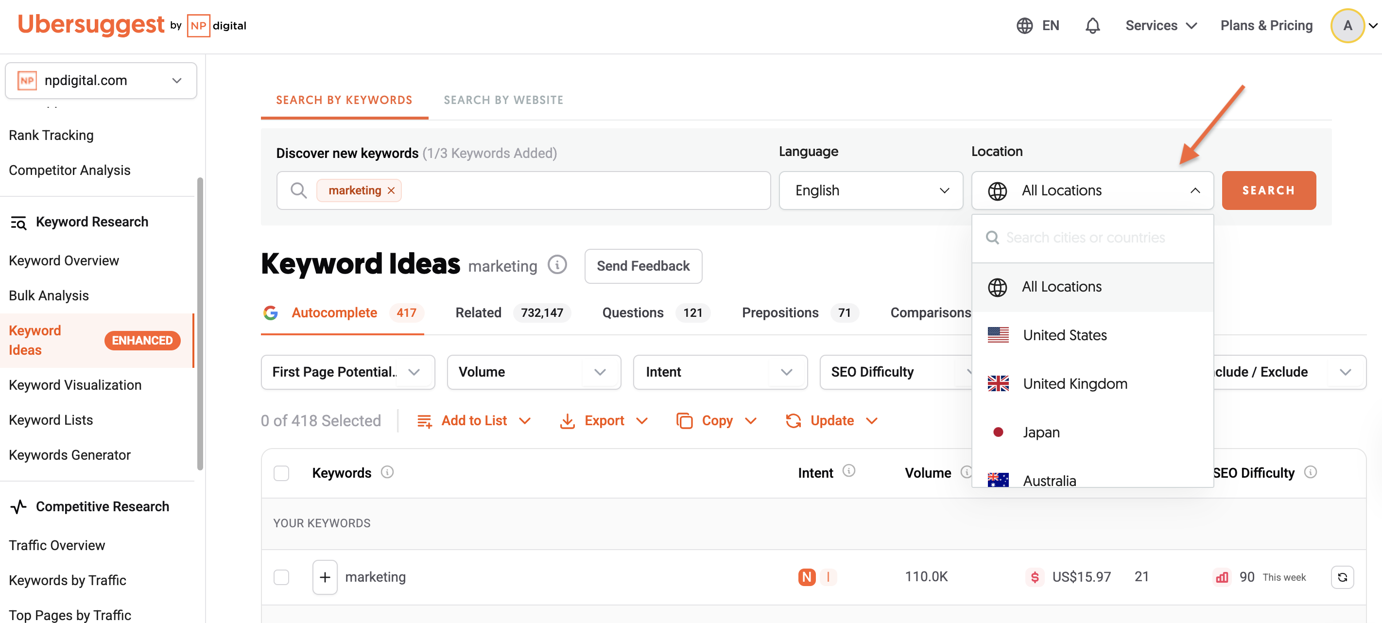 - All Locations option for global search volume