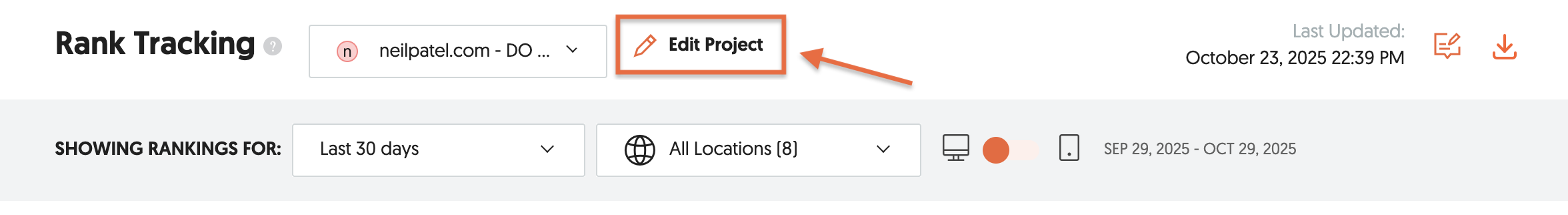Rank Tracking dashboard displaying the Edit Project button for updating project settings..png