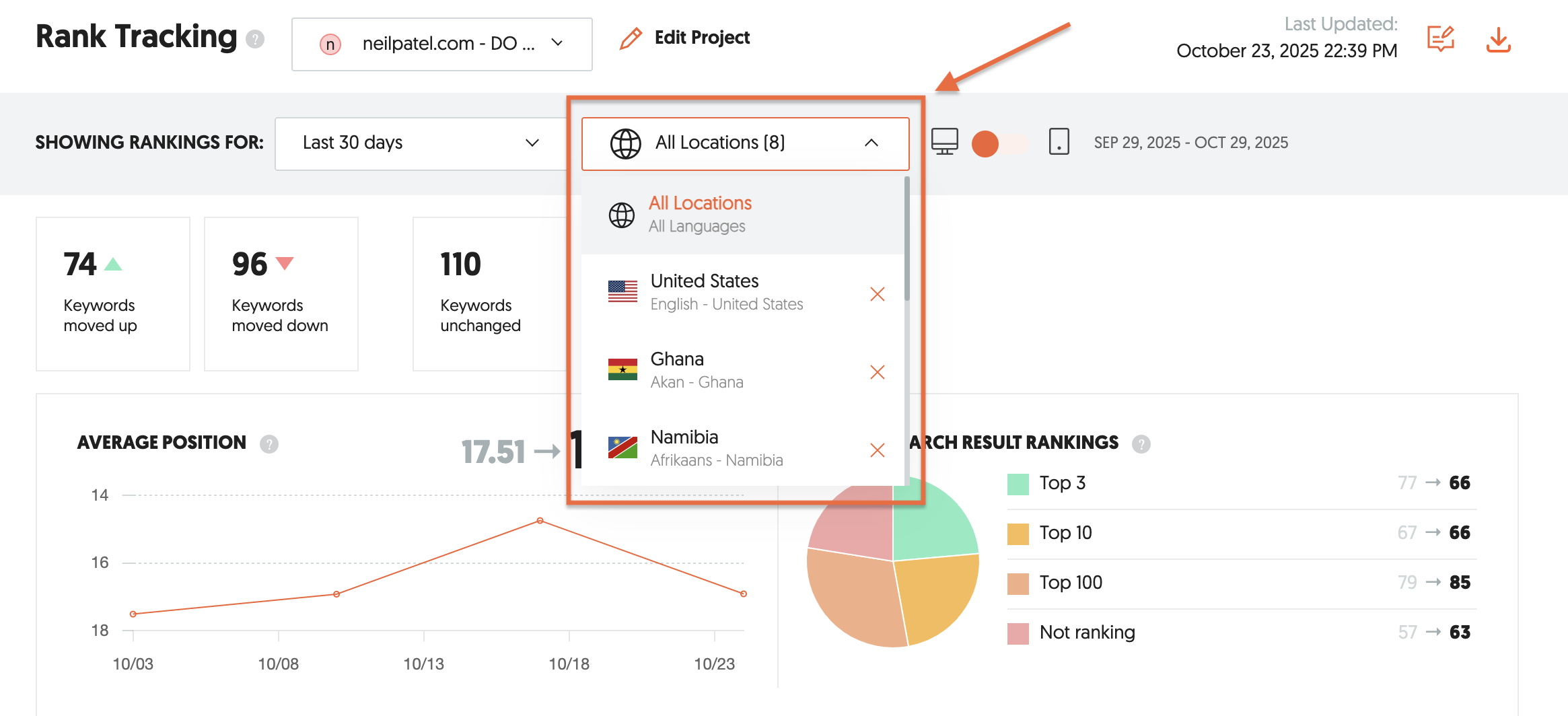Rank Tracking report showing the language and location dropdown for selecting a specific location..png