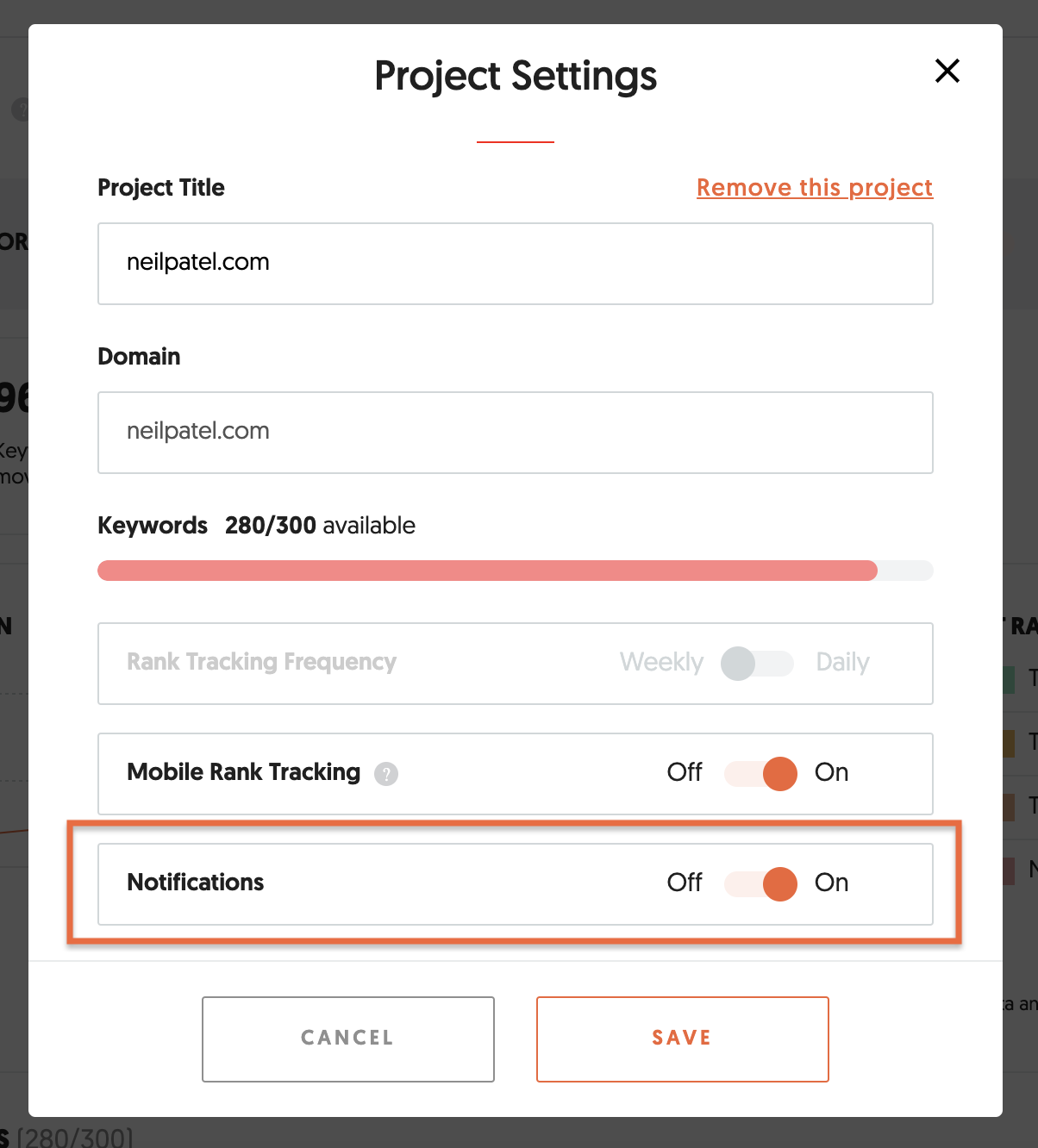 Project Settings modal showing the option to enable or disable weekly email notifications for keyword updates..png