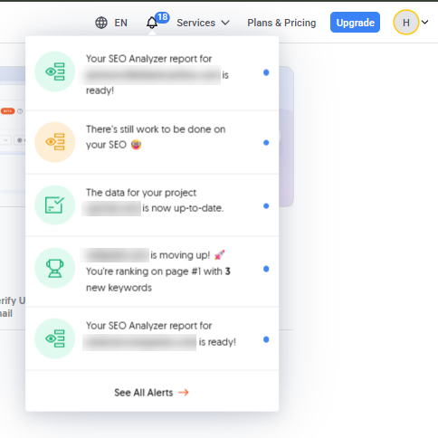 Ubersuggest dashboard showing the notifications bell and “See All Alerts” menu.