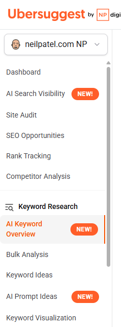 Ubersuggest's bar menu pointing to the AI Keyword Overview feature.