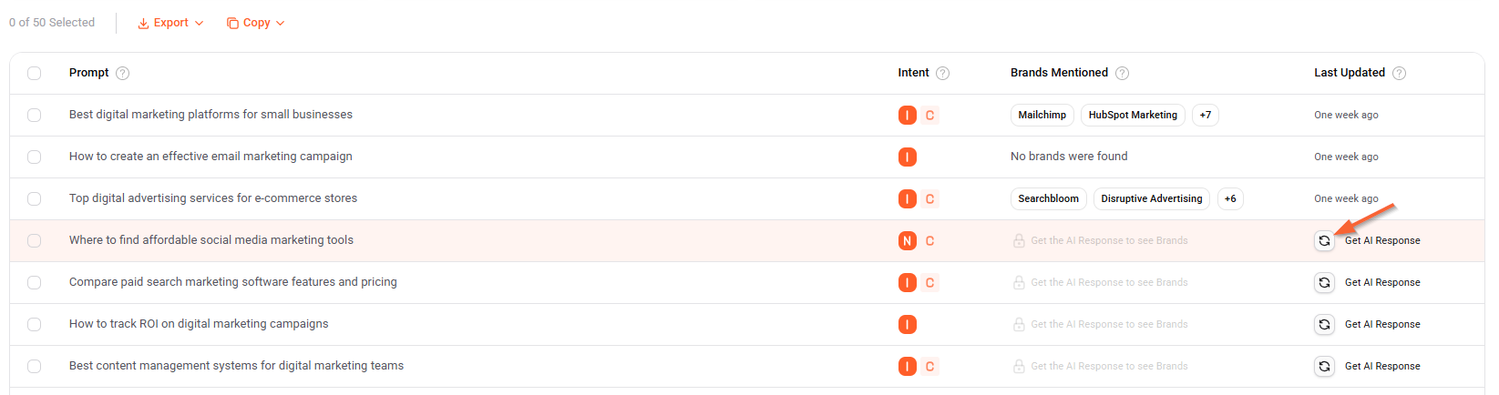 Refresh button in the Last Updated column to get recent prompt data.