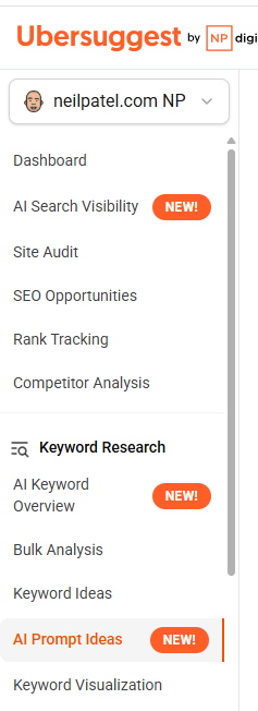 Ubersuggest's menu indicating the AI Prompt Ideas feature.