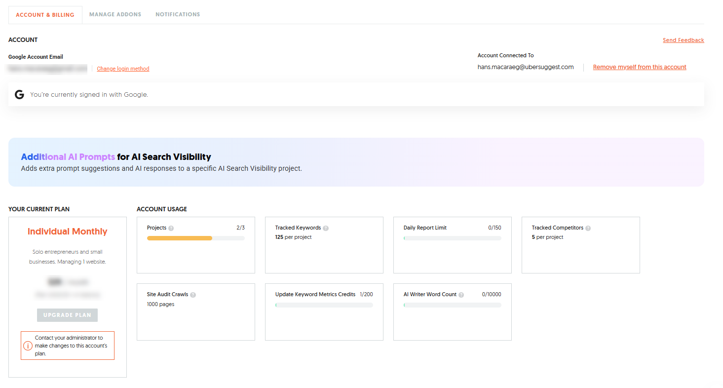 Ubersuggest interface showing that invited users can access core features but cannot access Billing or admin-only settings.
