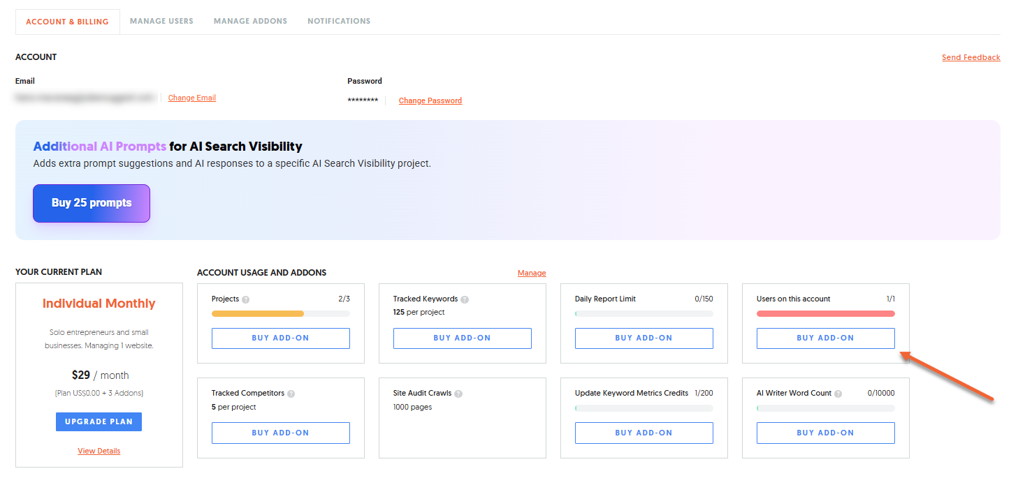 Accounts and Billing page showing the option to purchase the Additional User Add-on in Ubersuggest.