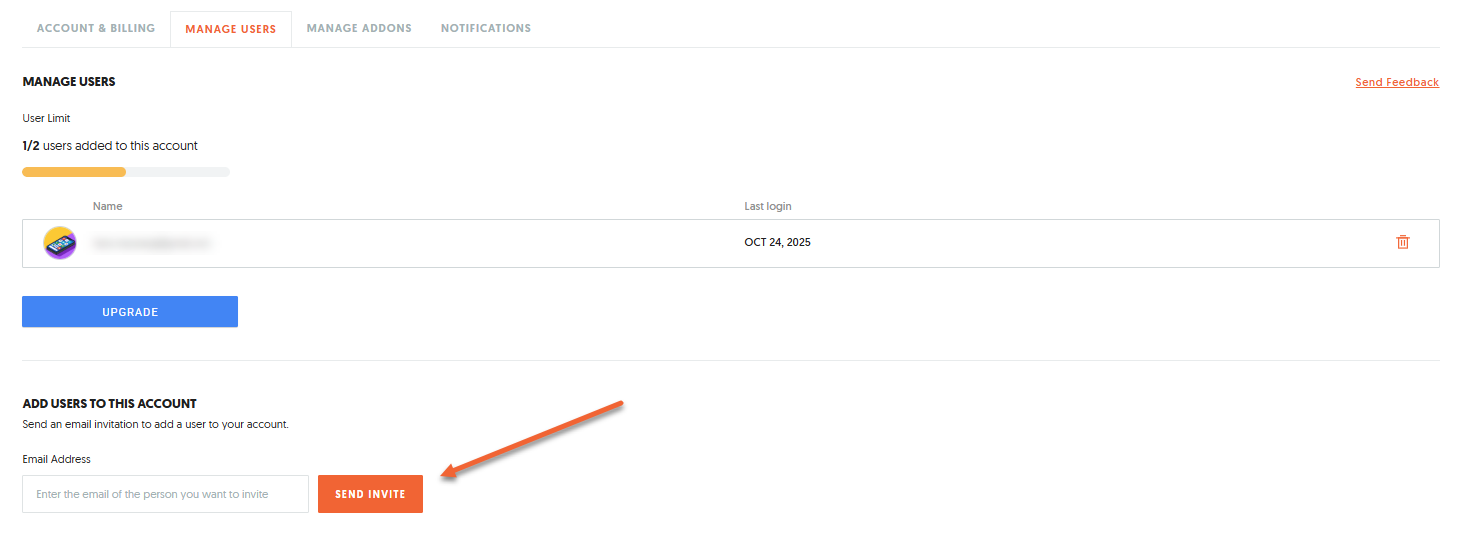 Manage Users page in Ubersuggest showing the option to enter an email address and send a user invitation.