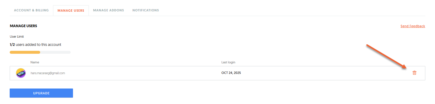 Account settings showing that only the account owner can remove invited users.