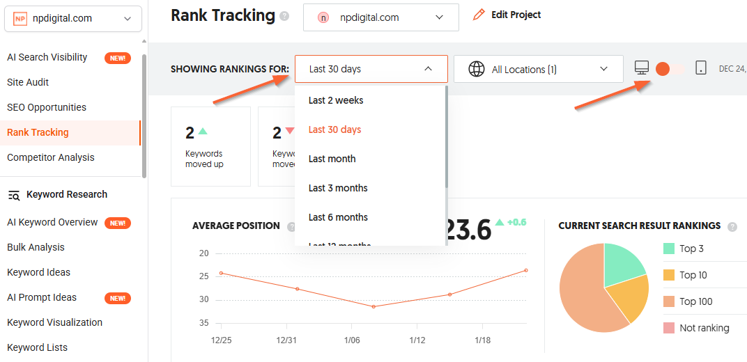 Screenshot showing the rank tracking timeframe and device options set to mobile and desktop.