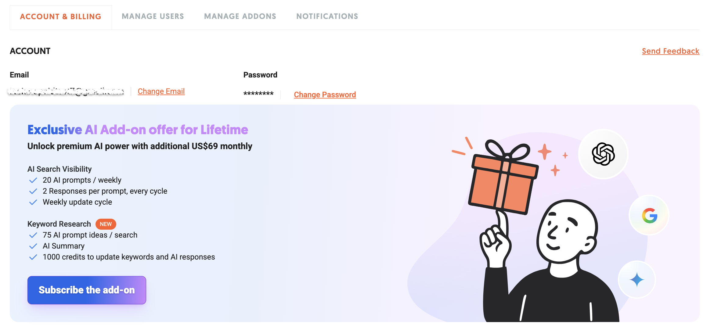 Account area showing the option to subscribe to ai search add-on.