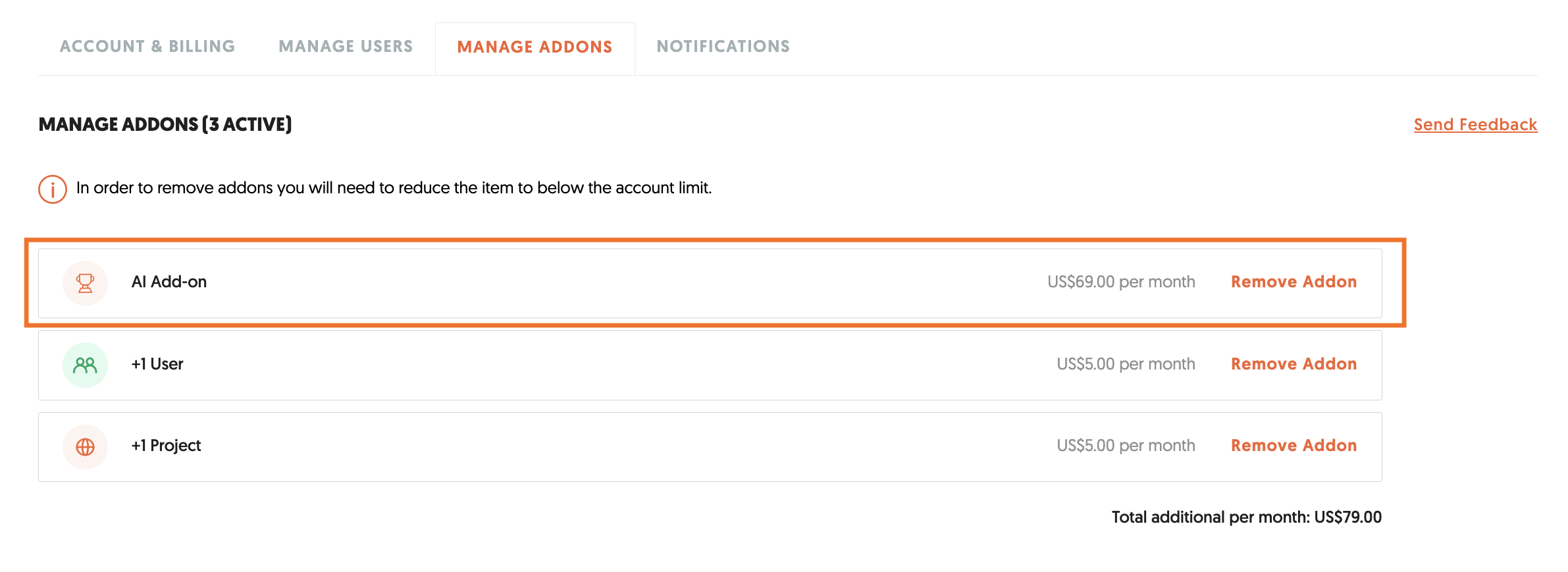 Manage add-ons section with Lifetime AI Add-on highlighted.
