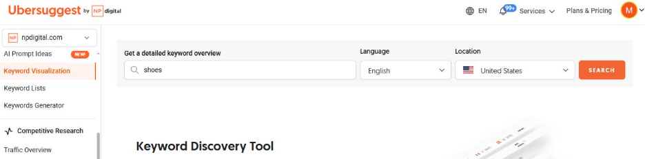 Ubersuggest Keyword Visualization tool showing a seed keyword entered to explore related topics and trends