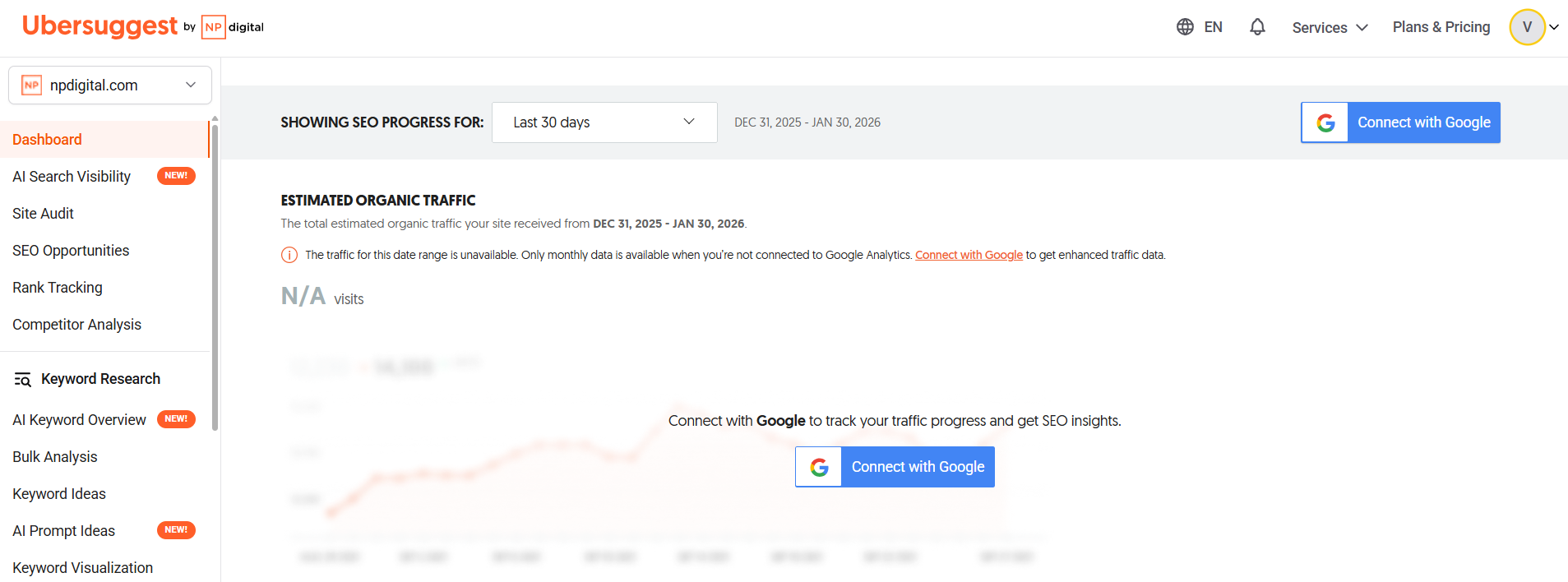Screenshot from the Dashboard, showing the Connect with Google.