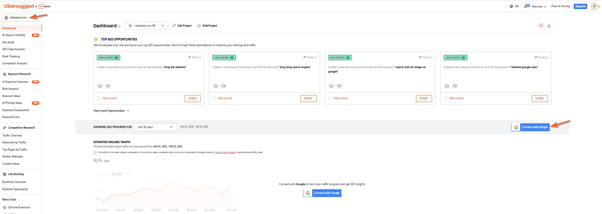 Screenshot of Ubersuggest Dashboard to connect Google Search Console