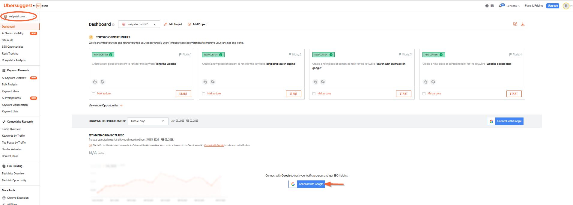 Screenshot of Ubersuggest with the ¨Connect with Google¨ button.