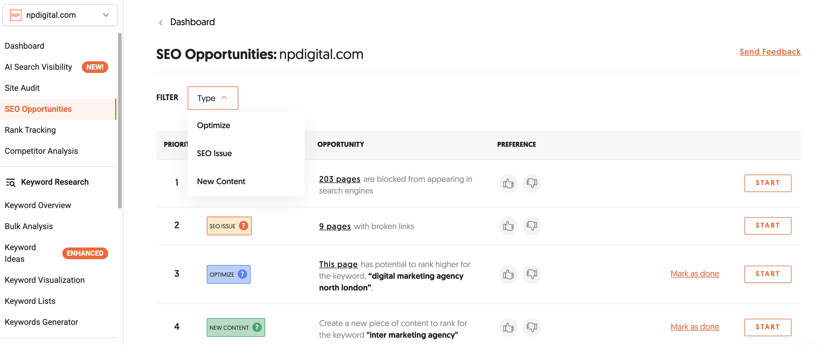 SEO Opportunities section in Ubersuggest showing available opportunity types such as SEO Issues, New Content, and Optimize Content..png