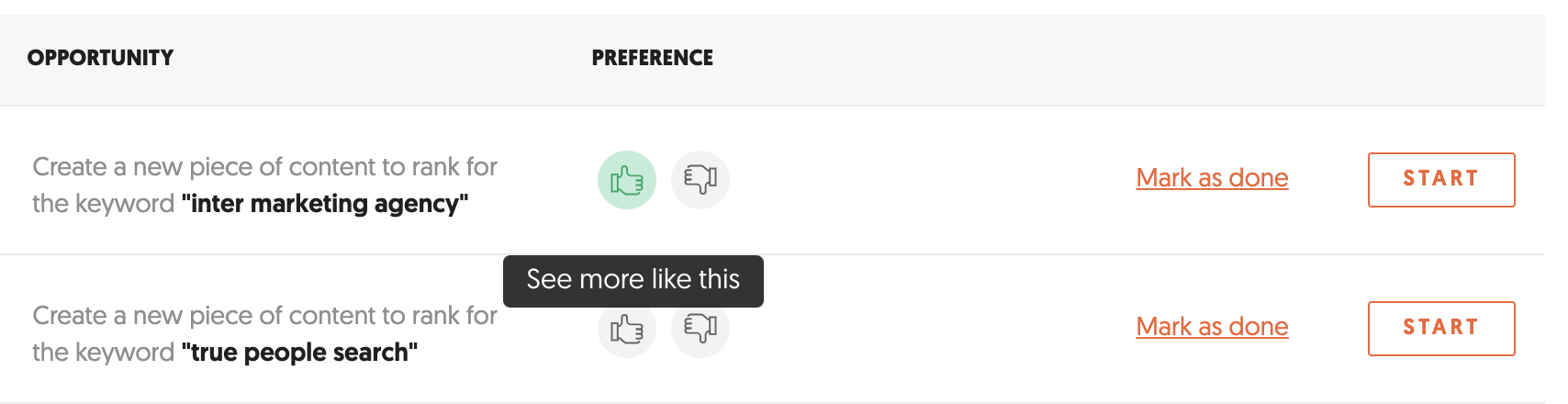 SEO Opportunities section showing the thumbs-up feedback option to rate Ubersuggest recommendations.png