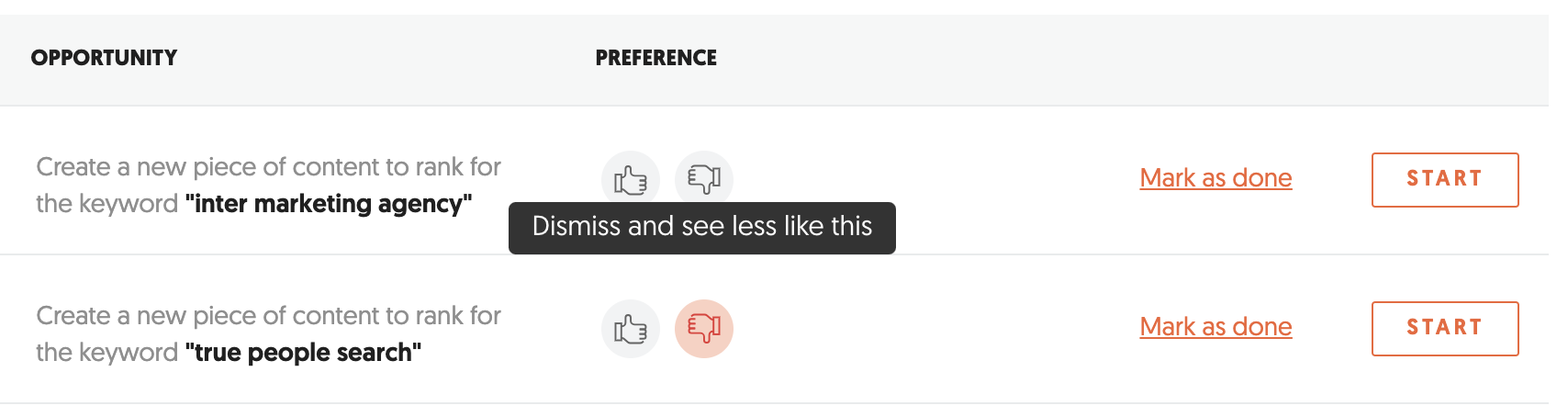 SEO Opportunities section showing the thumbs-down feedback option to refine Ubersuggest SEO suggestions.png
