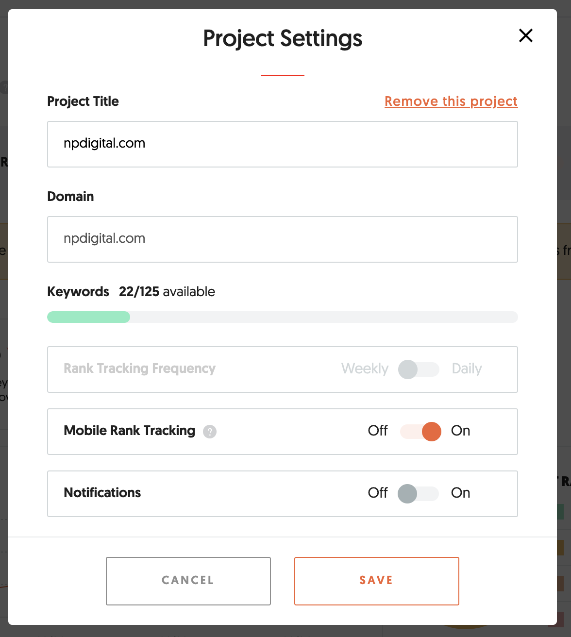 Project Settings modal showing editable options like project name, mobile rank tracking, and notification preferences.png