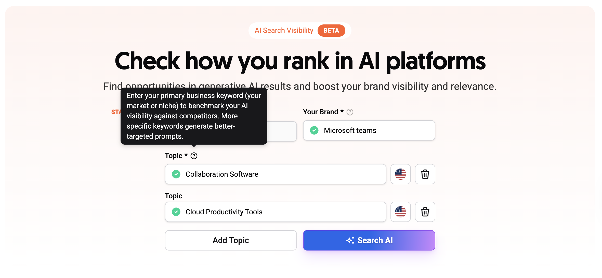 AI Search Visibility dashboard highlighting the tooltip that explains what a topic is.png