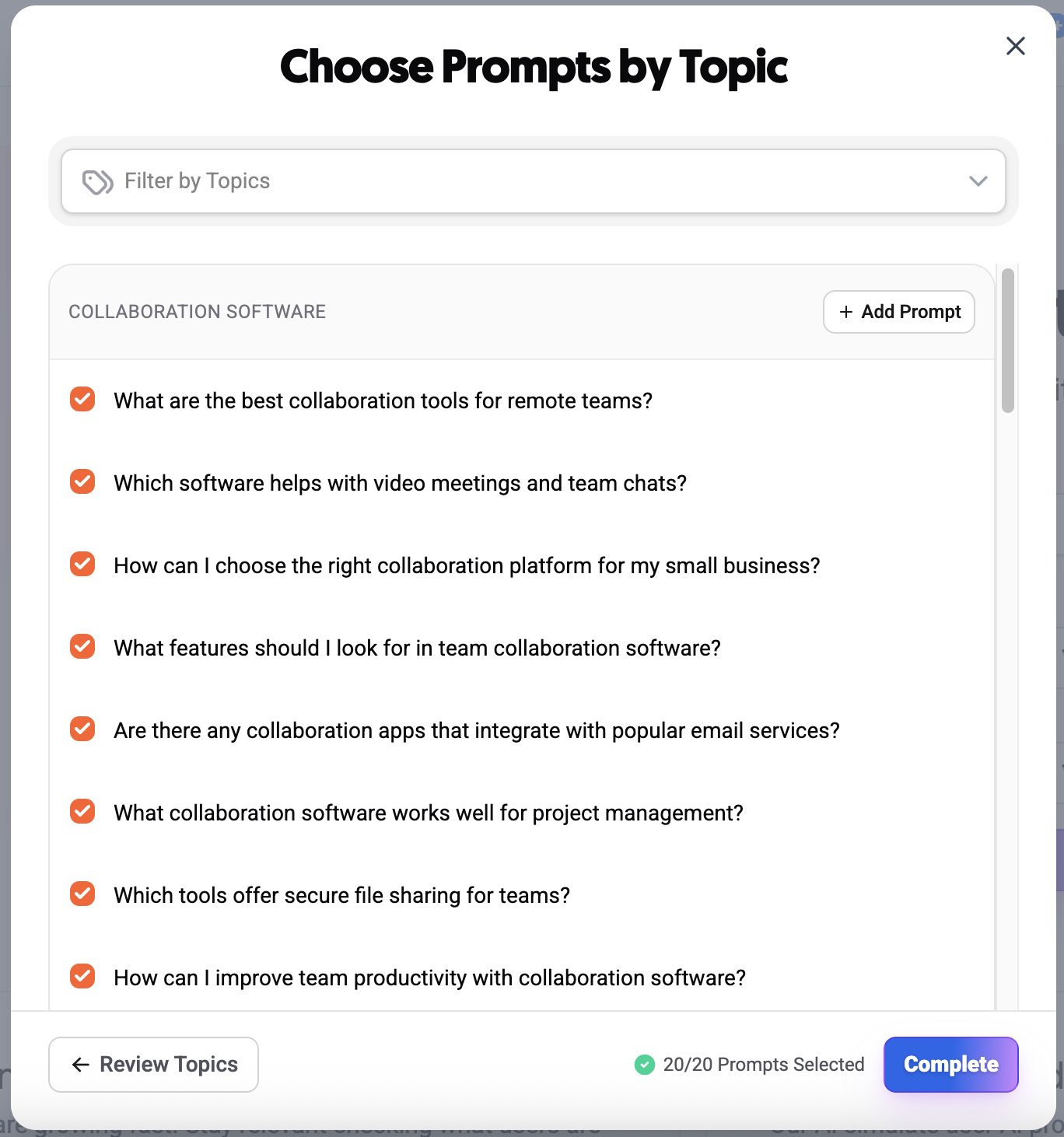 List of AI prompts generated pop-up to confirm brand creation in AI search .png