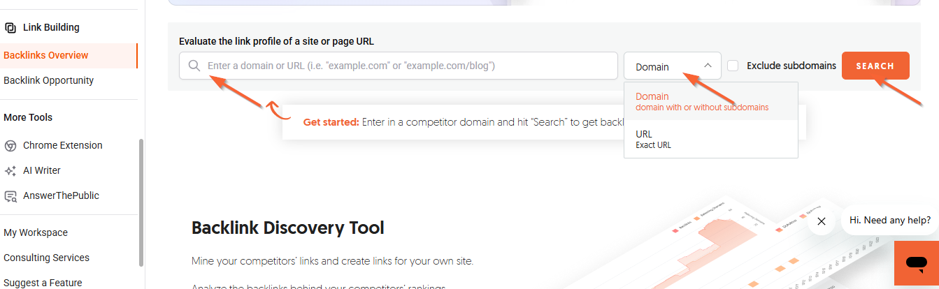 The screenshot shows how to check the backlinks for a specific Domain or URL