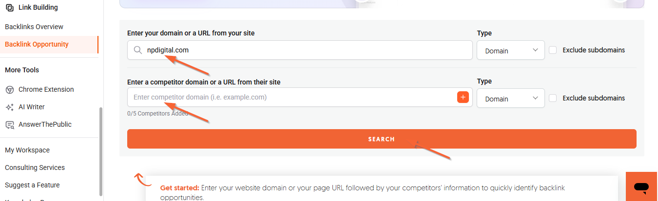 The image shows how to use Backlinks Opportunity feature
