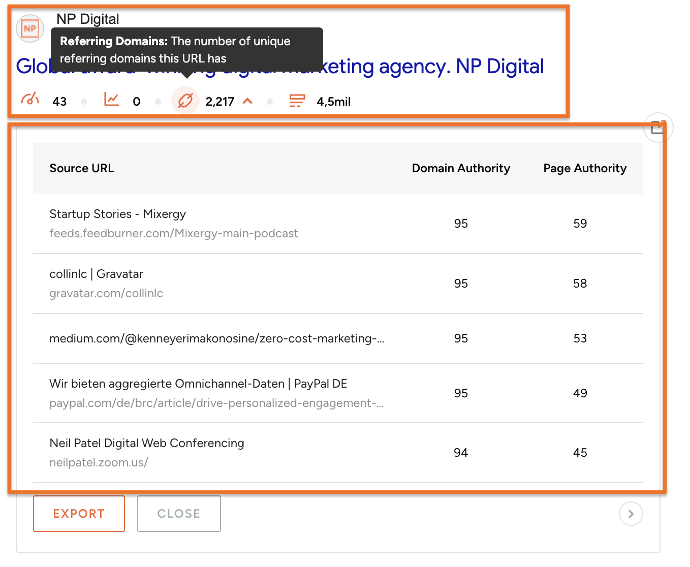Ubersuggest Chrome Extension showing referring domain count and backlink list in Google Search results for a specific URL.png