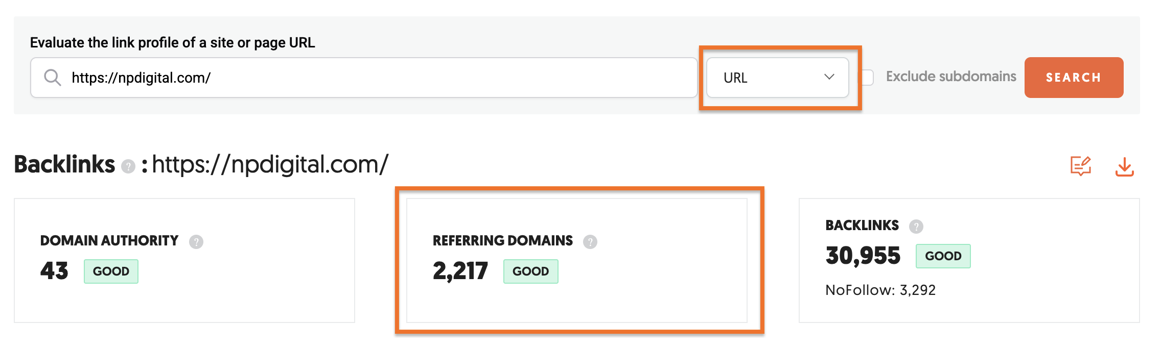 Ubersuggest platform displaying referring domain metric for a specific URL .png